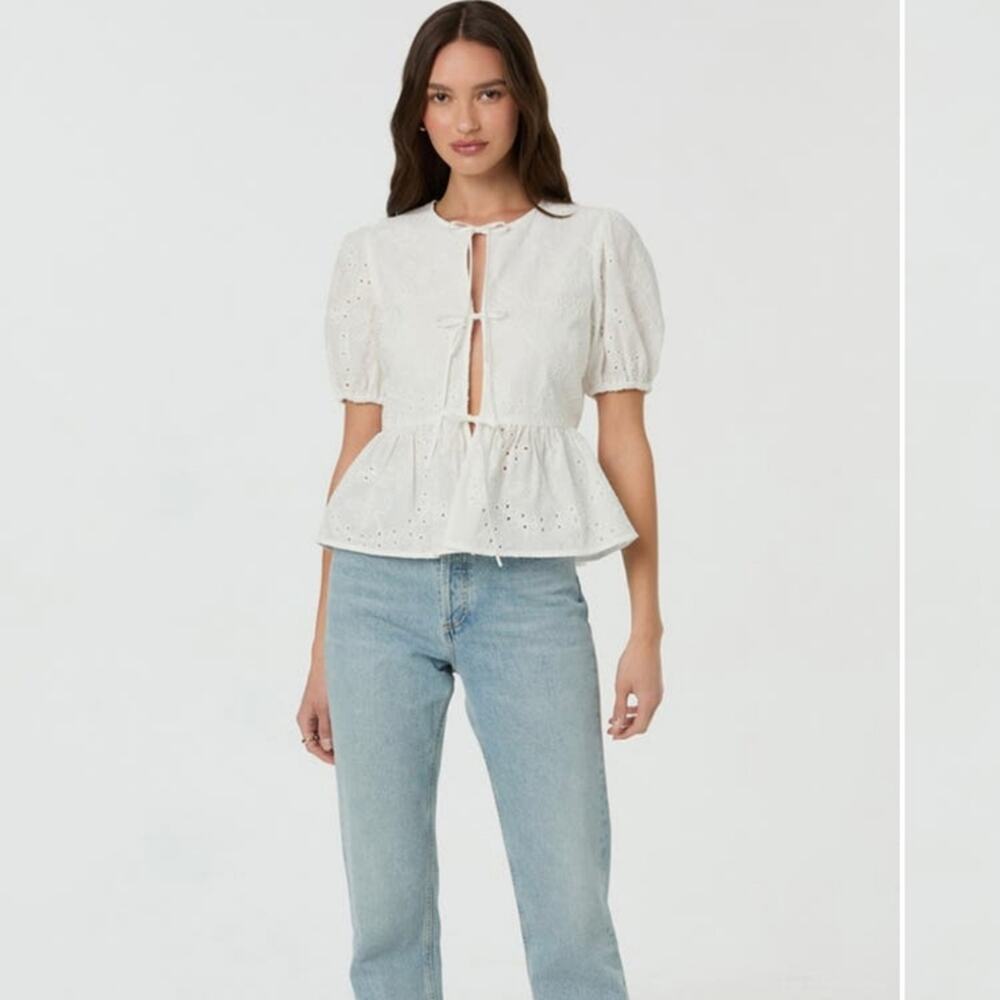 ASTR The Label White Eyelet Blouse with Tie Front Peplum Top NWT